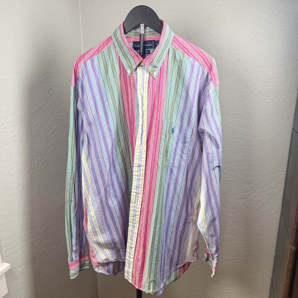 Ralph Lauren Blake Rainbow Striped Button Down Shirt 100% Cotton Size XL